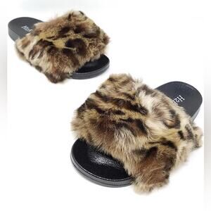 Women's Leopard Faux Fur Open Toe Fuzzy Slides size 11